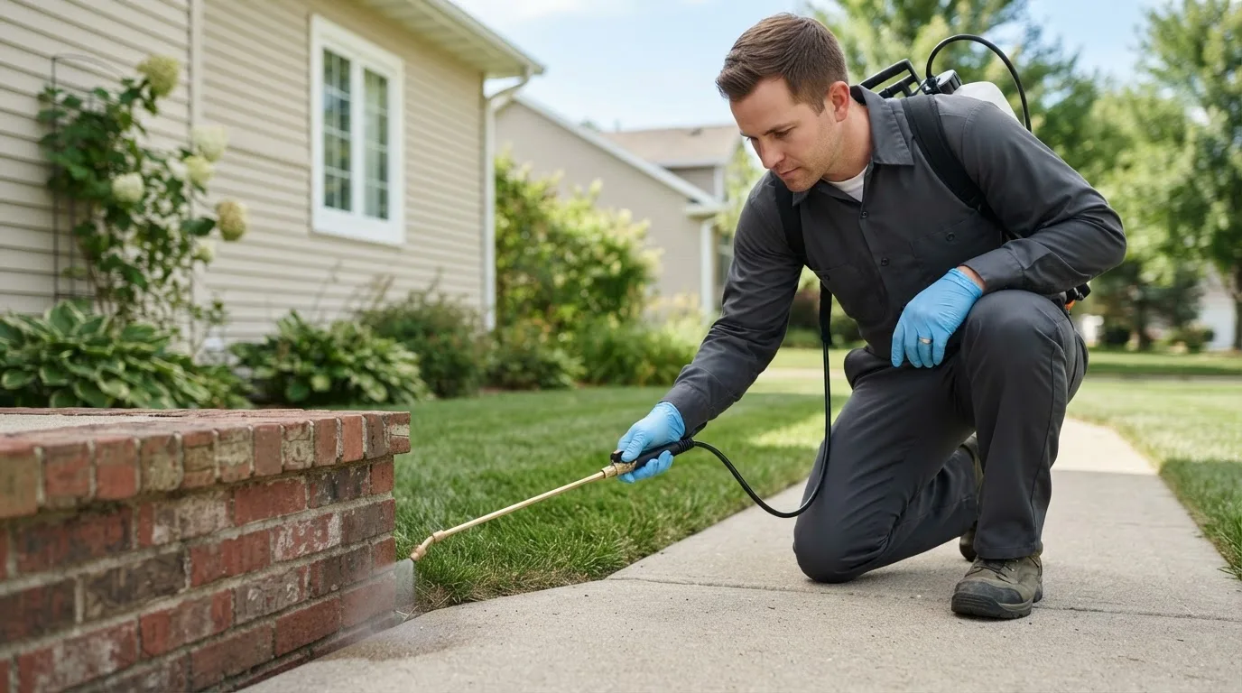 Pest control technician treating a home near Plumtree, NC