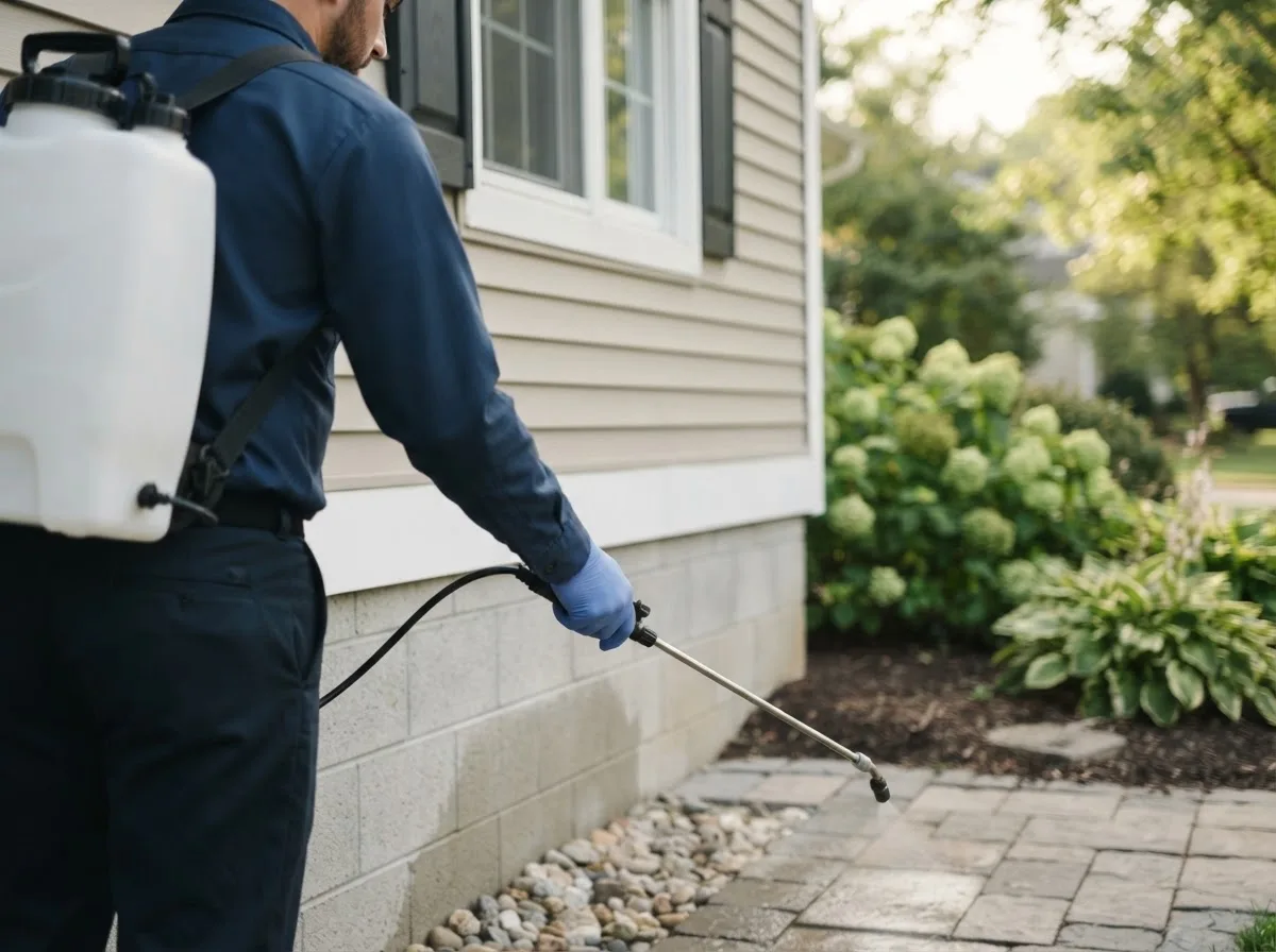 Pest control technician inspecting a home in Plumtree, NC